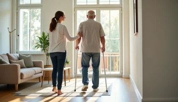 A woman assisting an elderly man with a white cane in a well-lit living room