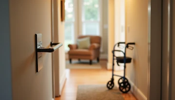 A hallway featuring home safety modifications including a grab bar, walker, and non-slip rug, set against a neutral living room backdrop with soft lighting.