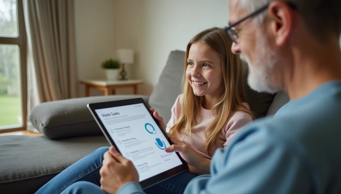 A daughter and her parent sitting on a couch, discussing a tablet that displays a home safety checklist, with subtle safety features like a grab bar visible in the background