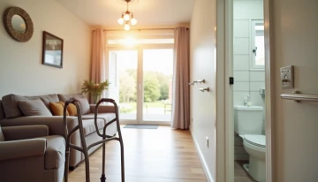 A safe and accessible living room connected to a bathroom