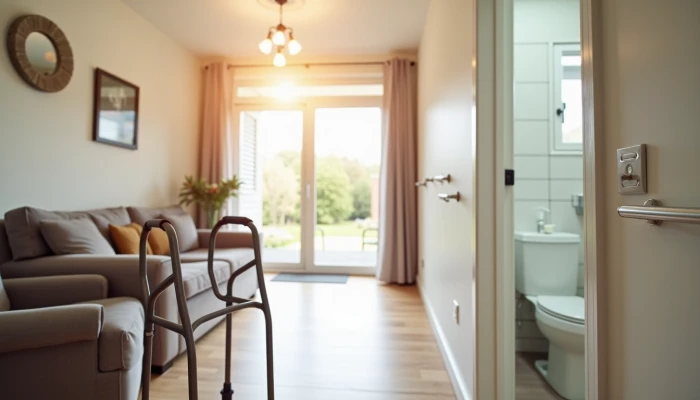 A safe and accessible living room connected to a bathroom