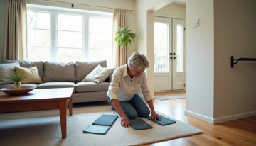 A woman installing home safety modifications in a living room