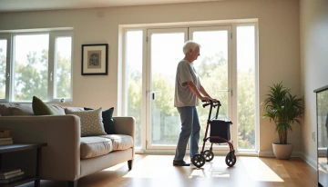 A senior woman navigating a safe living room using a rollator walker
