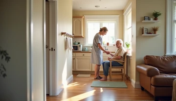 A safe, organized home environment with subtle safety features like grab bars and non-slip mats, showcasing practical modifications that support senior independence.