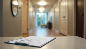 A clipboard with a checklist on a hallway table, surrounded by a home environment with implied safety features.