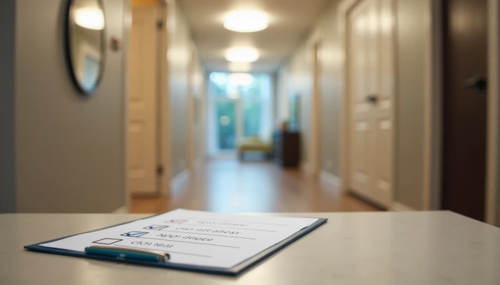 A clipboard with a checklist on a hallway table, surrounded by a home environment with implied safety features.
