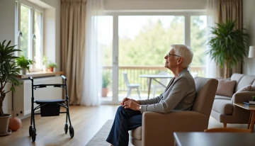 A senior woman sitting safely in a living room