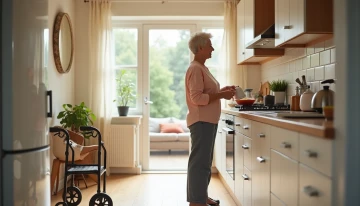 A senior woman in a modern kitchen preparing tea safely