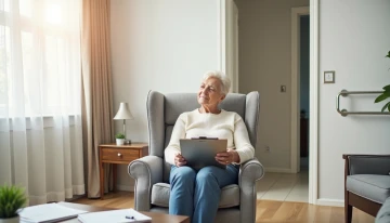 A senior woman reviewing a home safety checklist in her living room