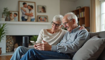A senior citizen using a smart speaker in a clean, well-lit living room