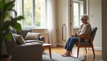 A woman sitting in a living room, thoughtfully assessing its safety features