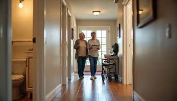 Caregiver and older adult reviewing a home safety checklist in a hallway, with visible safety features in adjacent rooms.