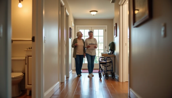 Caregiver and older adult reviewing a home safety checklist in a hallway, with visible safety features in adjacent rooms.
