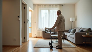An older adult using a walker in a modern living room