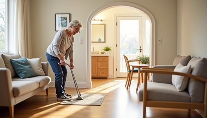A senior using a non-slip mat in a living room adjacent to a bathroom with a grab bar, showcasing affordable home safety features in a modern, clutter-free space.