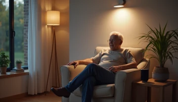 A senior in a living room with subtle home monitoring devices