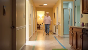 A dementia-friendly home environment featuring contrast markers on stairs, grab bars in a bathroom, and non-slip mats in a kitchen, all designed to enhance safety and independence.