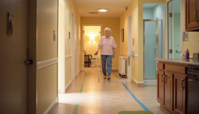 A dementia-friendly home environment featuring contrast markers on stairs, grab bars in a bathroom, and non-slip mats in a kitchen, all designed to enhance safety and independence.