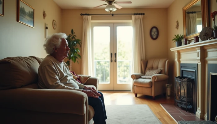 A senior citizen in a well-lit living room with smoke and carbon monoxide detectors