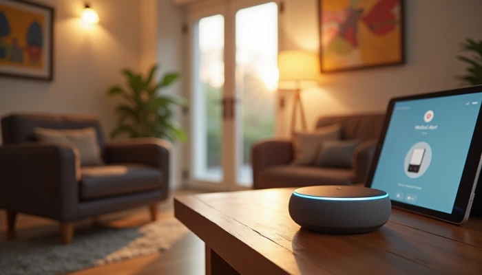 A cozy living room with integrated smart home devices, highlighting safety and ease for seniors through ambient lighting, motion sensors, and discreet technology.