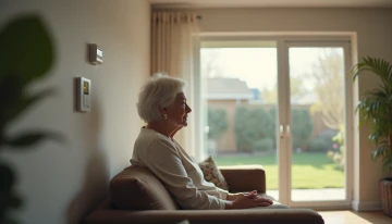 An elderly woman sitting in a living room with a discreet motion sensor on the wall