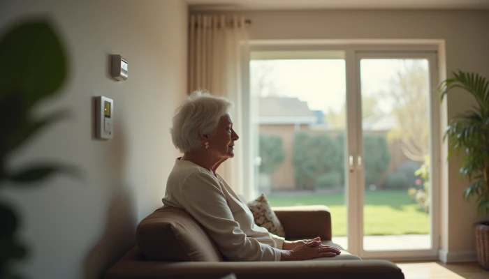 An elderly woman sitting in a living room with a discreet motion sensor on the wall
