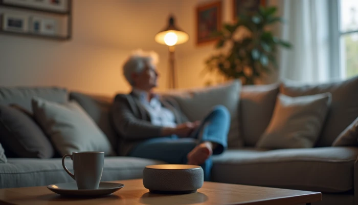 A senior in a modern living room with smart home devices