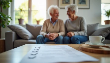 A senior couple discussing a home safety checklist in their living room