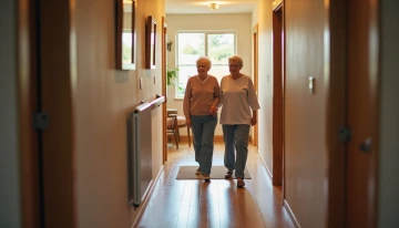 An elderly person and caregiver walking in a hallway with safety features like non-slip mats and soft lighting, highlighting home safety for seniors.
