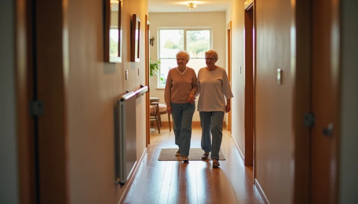 An elderly person and caregiver walking in a hallway with safety features like non-slip mats and soft lighting, highlighting home safety for seniors.