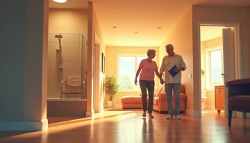 A well-lit home interior with safety features such as grab bars, a shower chair, and clear pathways, showing a caregiver and an older adult reviewing a checklist.