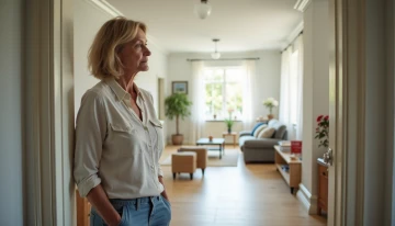 A woman thoughtfully inspecting a modern living room