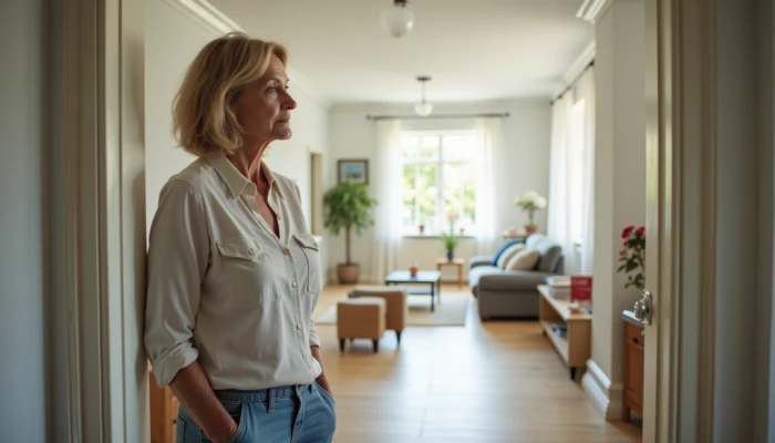 A woman thoughtfully inspecting a modern living room