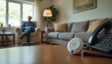 A senior using a medical alert device in a modern living room