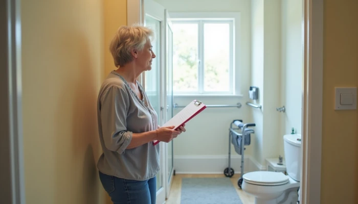 A woman conducting a home safety assessment in a modern bathroom