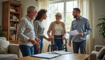 A family and professional discussing home safety modifications in a modern living room with a senior using a mobility aid and a grab bar visible in the background.
