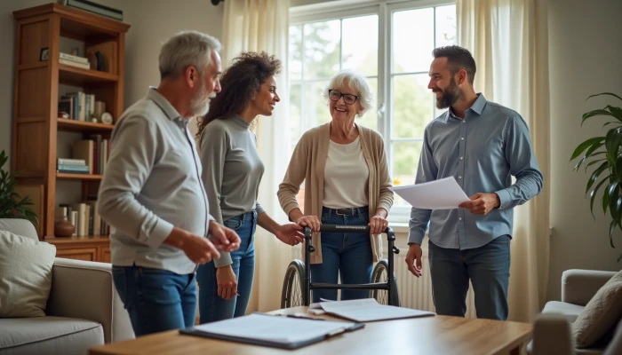 A family and professional discussing home safety modifications in a modern living room with a senior using a mobility aid and a grab bar visible in the background.
