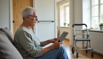 A senior citizen researching home modifications in a well-equipped living room