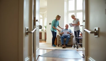 A senior citizen and their caregiver discussing a home safety checklist in a modern living room