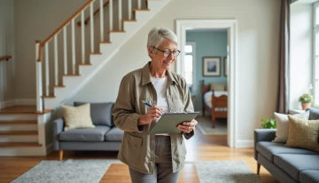 A woman conducting a home safety assessment in a modern living room