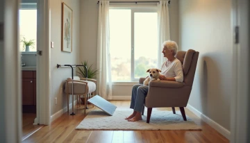 A senior woman and her dog in a safe, well-lit living room