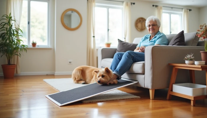 A senior woman and her dog in a safe, pet-friendly living room