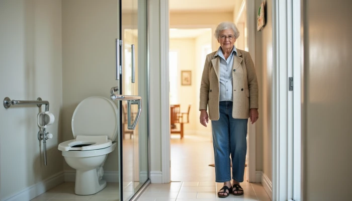 Senior in accessible bathroom