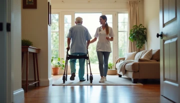 A senior using a rollator in a safe, well-lit living room with a ramp and grab bars