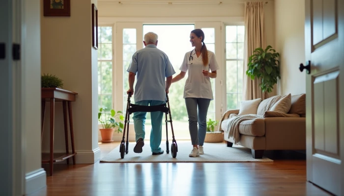 A senior using a rollator in a safe, well-lit living room with a ramp and grab bars