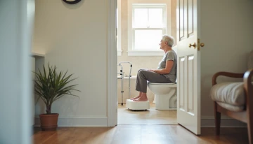 A senior using accessible bathroom modifications in a well-lit living room