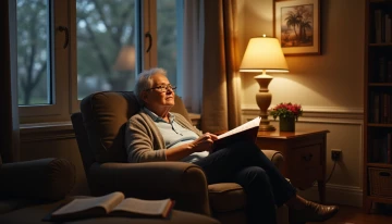 A senior citizen reading in a well-lit living room