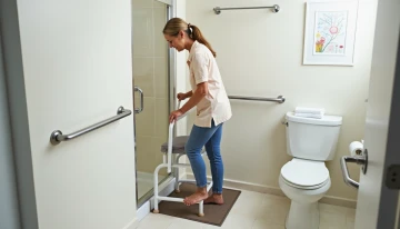 Senior woman using grab bars in a safe bathroom