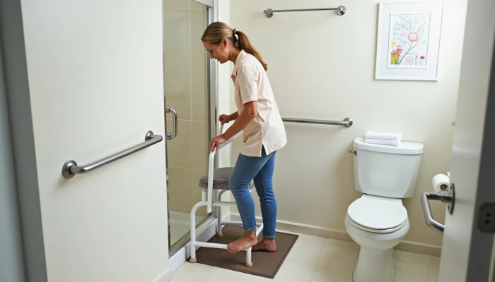Senior woman using grab bars in a safe bathroom