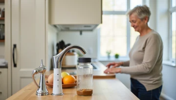 Senior in a modern kitchen using adaptive tools